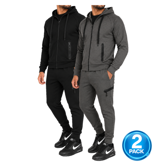 Men's 2 Pack Tech Fleece Zip-Up Hoodie & Jogger 2-Piece Set in Black & Charcoal