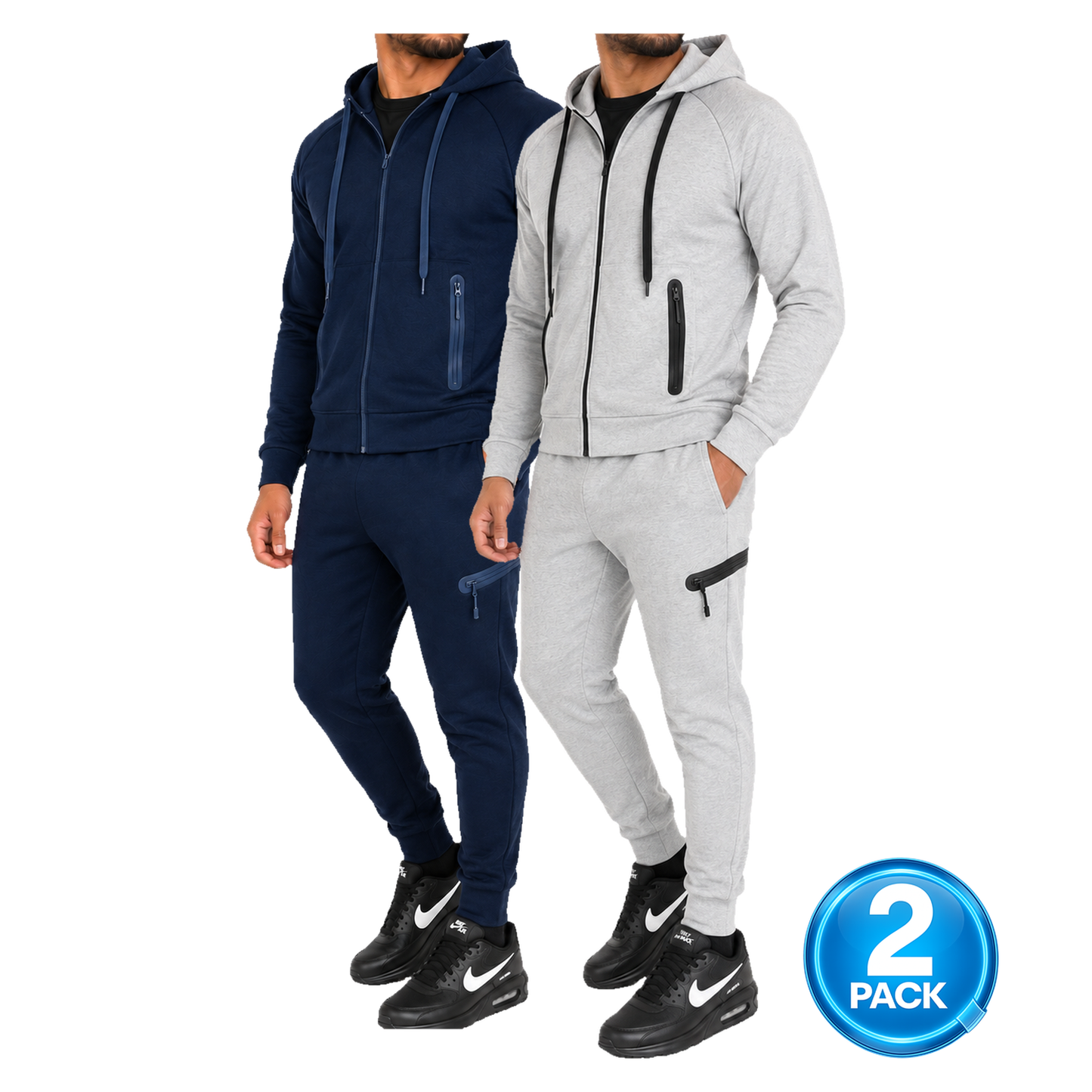 Men's 2 Pack Tech Fleece Zip-Up Hoodie & Jogger 2-Piece Set in Navy & Heather Grey