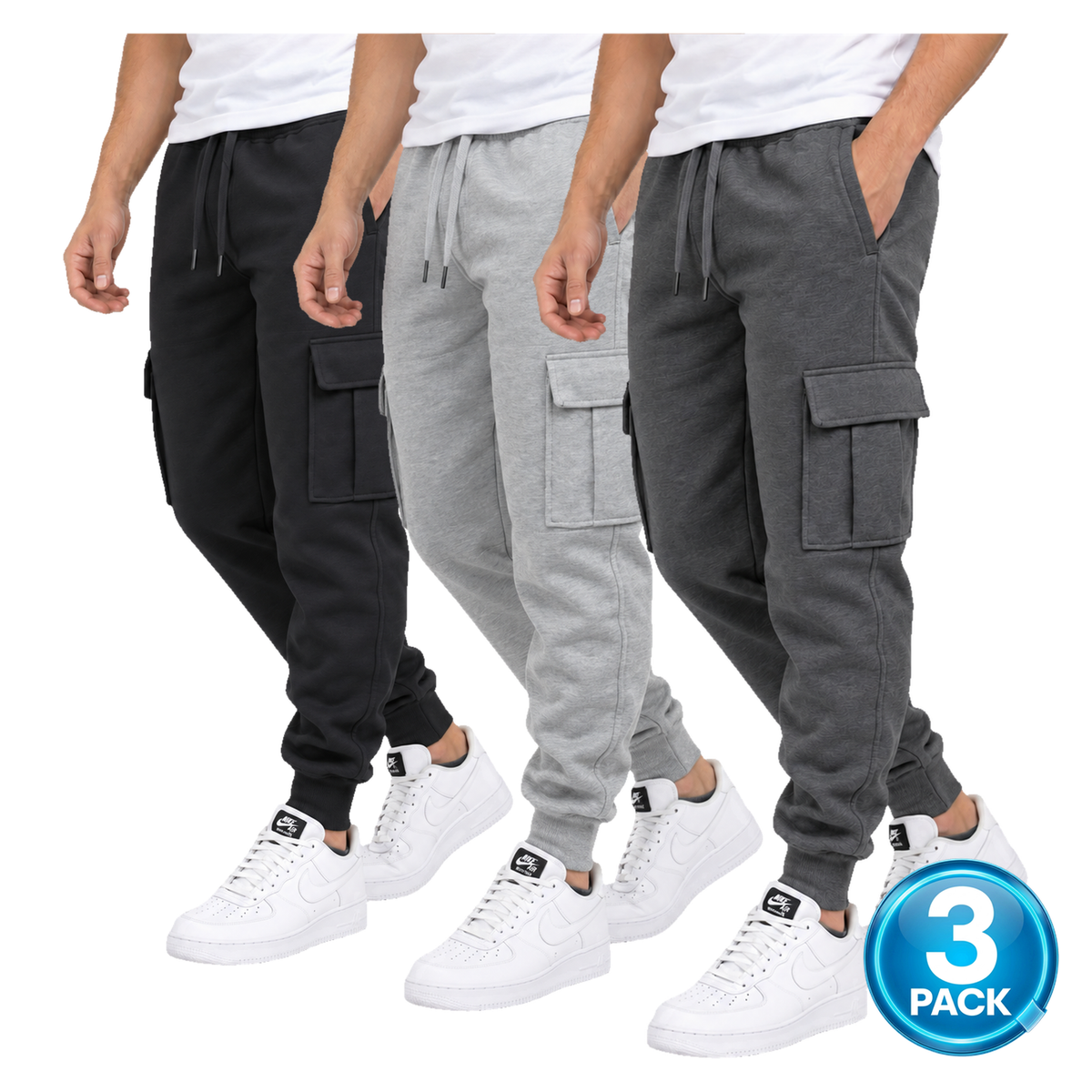Men's 3-Pack Fleece Lined Cargo Jogger Sweatpants in Black, Heather Grey & Charcoal