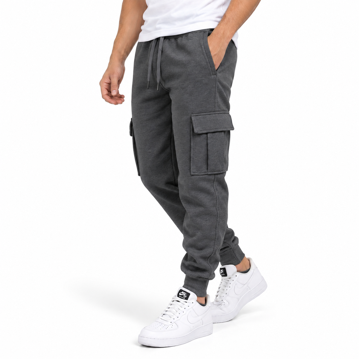 Men's Fleece Lined Cargo Jogger Sweatpants in Charcoal