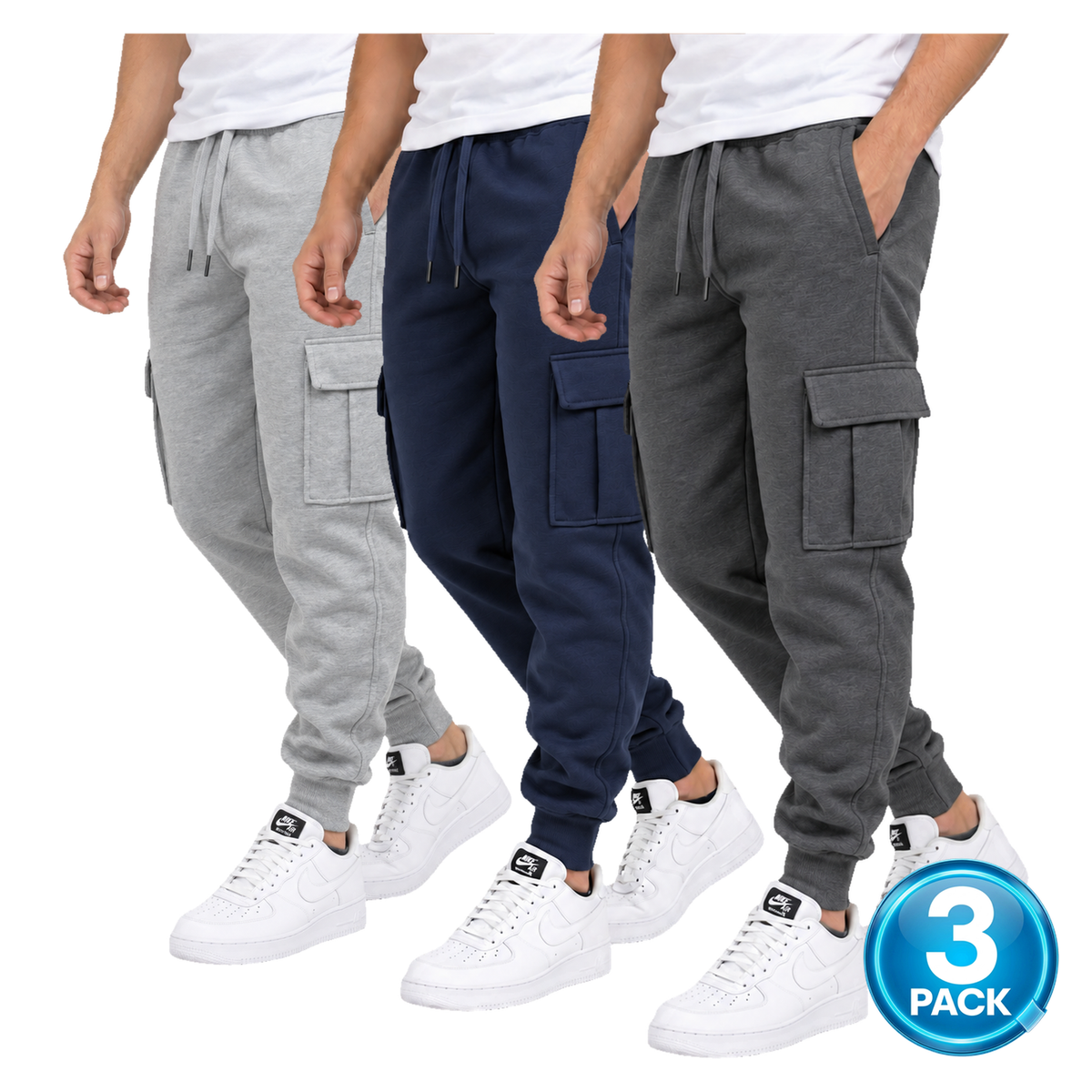 Men's 3-Pack Fleece Lined Cargo Jogger Sweatpants in Heather Grey, Navy & Charcoal