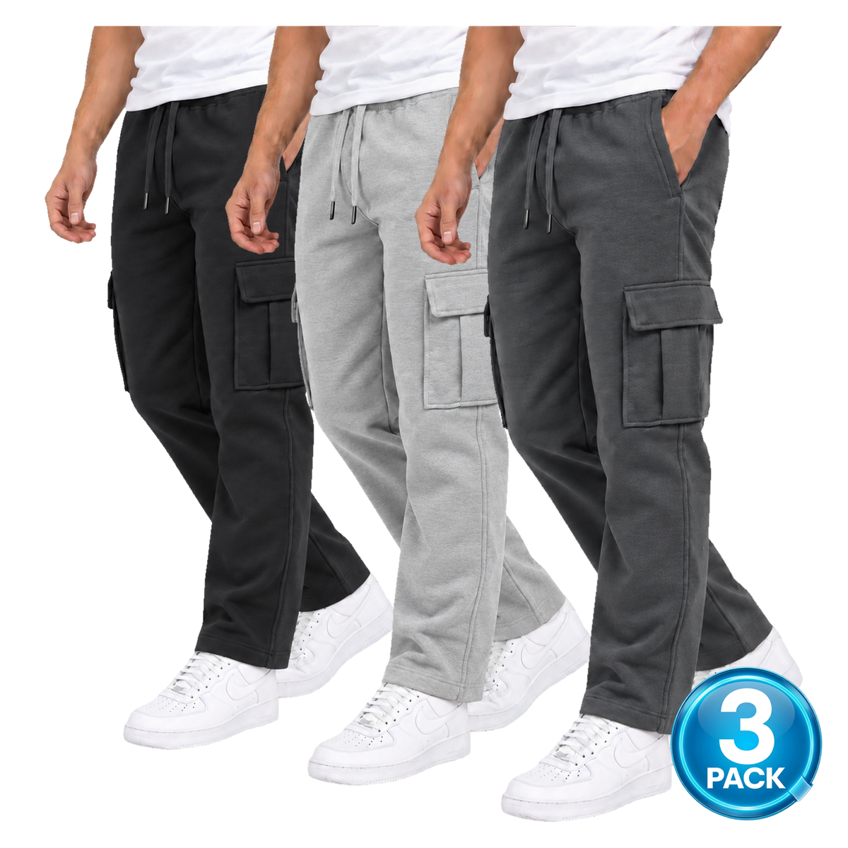 Men's 3 Pack Fleece Cargo Open Bottom Sweatpants in Black, Heather Grey & Charcoal