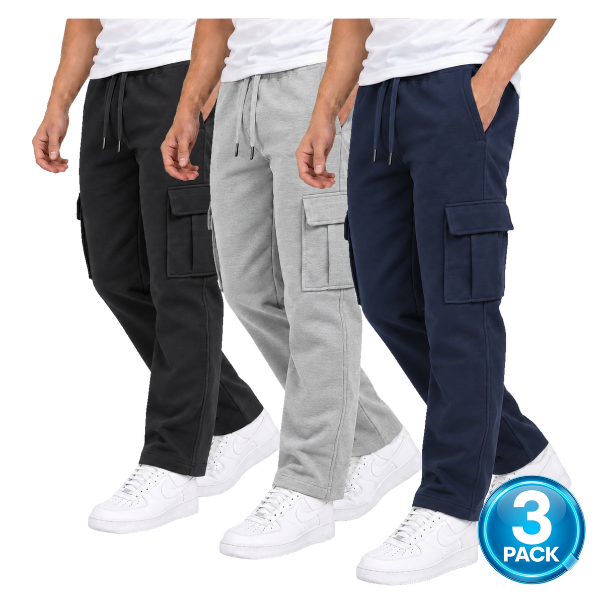 Men's 3 Pack Fleece Cargo Open Bottom Sweatpants in Black, Heather Grey & Navy