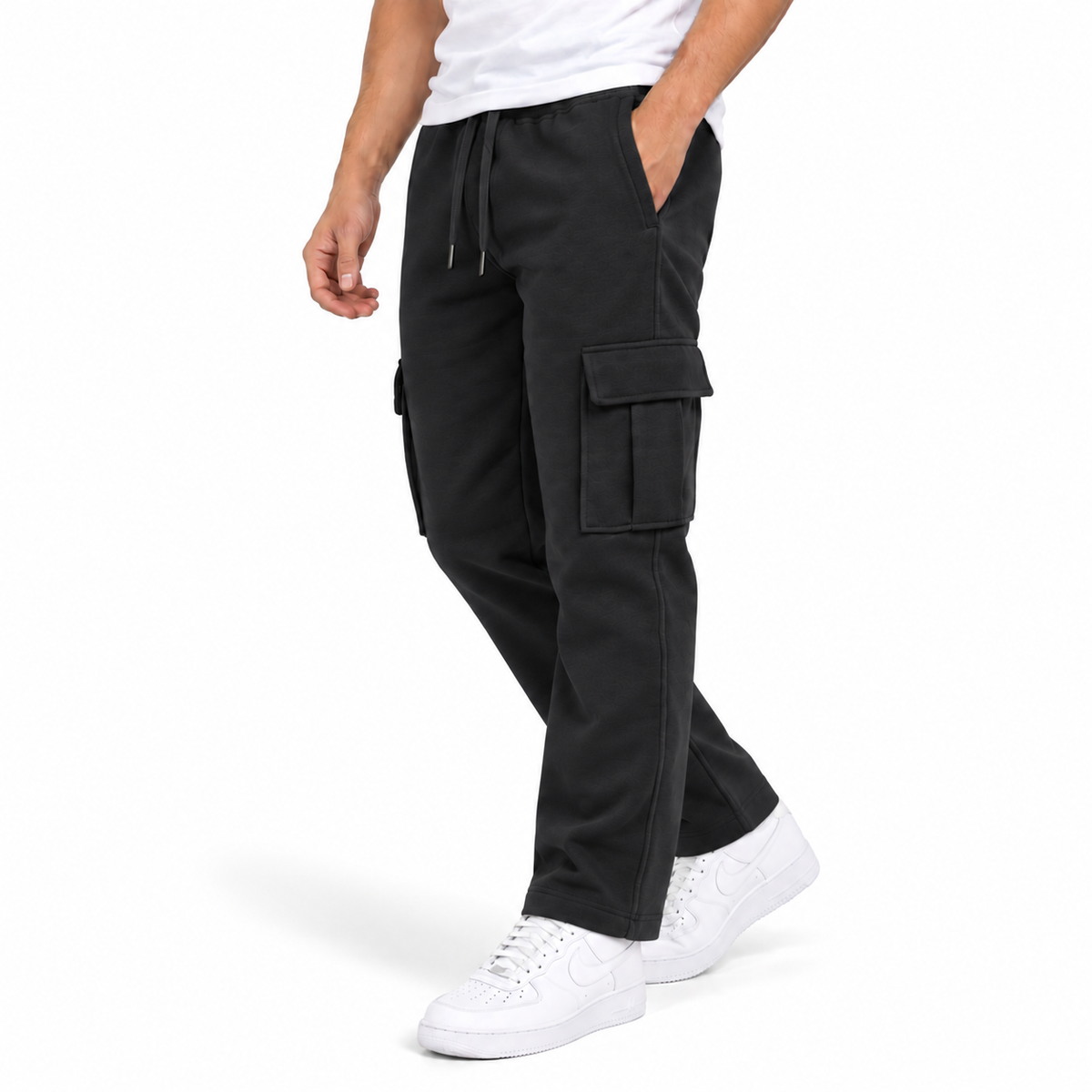 Men's Fleece Lined Cargo Open Bottom Sweatpants in Black