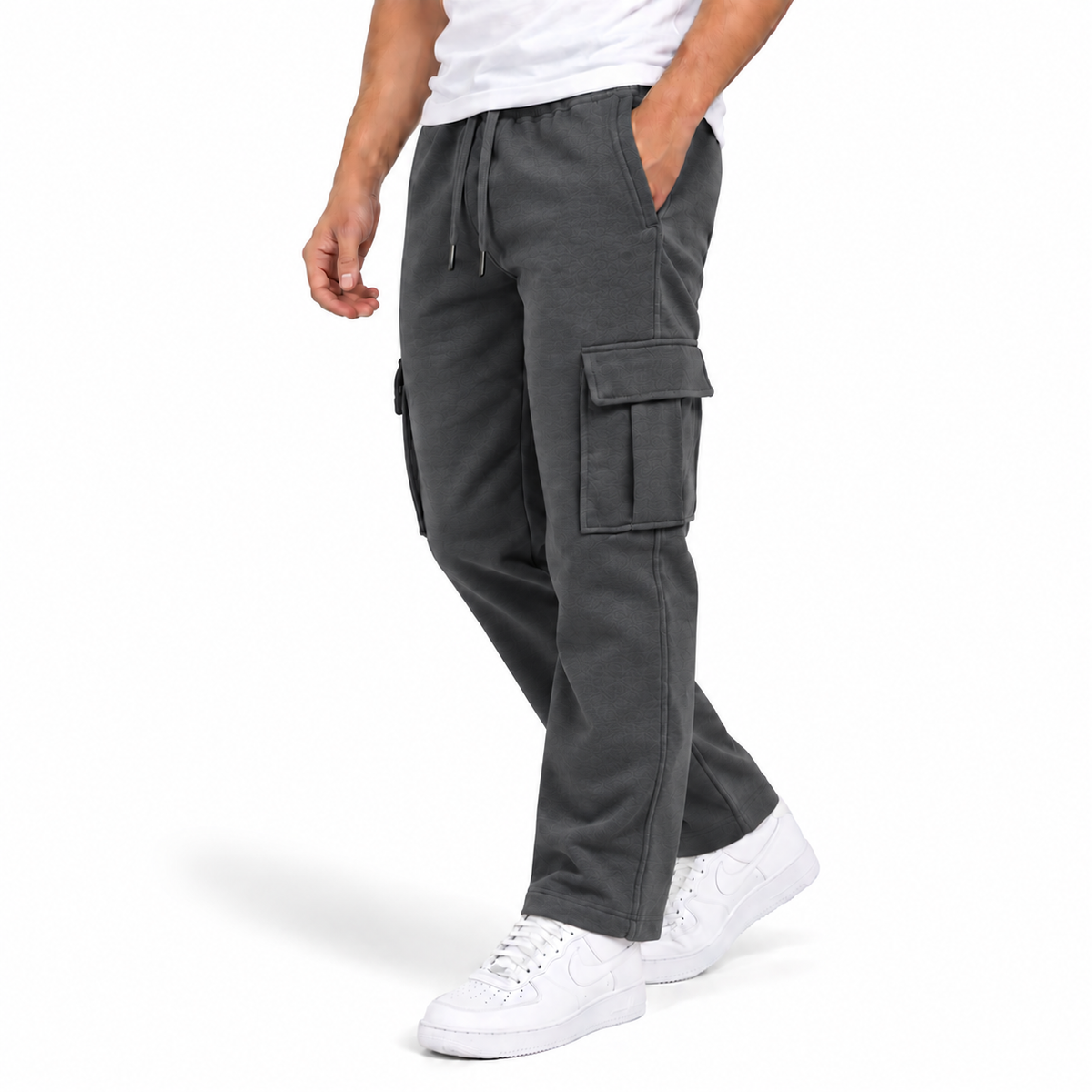 Men's Fleece Lined Cargo Open Bottom Sweatpants in Charcoal