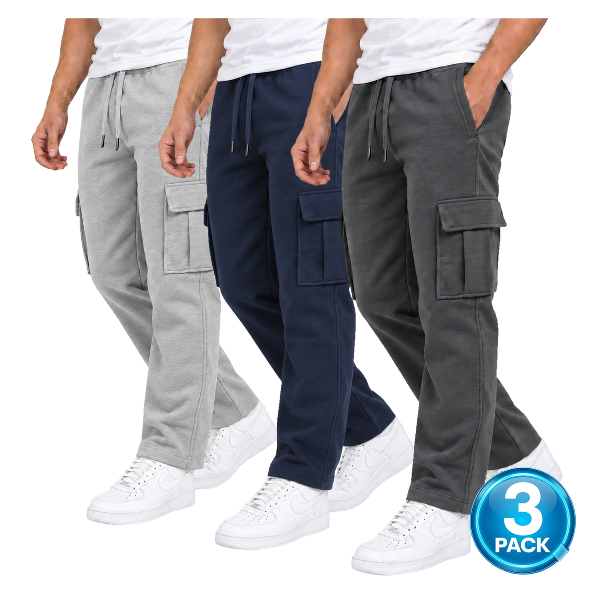 Men's 3 Pack Fleece Cargo Open Bottom Sweatpants in Heather Grey, Navy & Charcoal