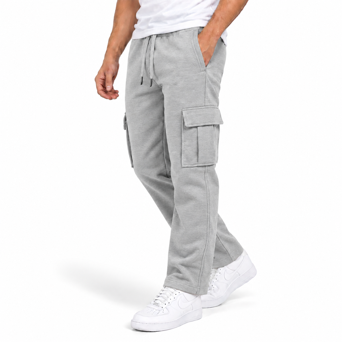 Men's Fleece Lined Cargo Open Bottom Sweatpants in Heather Grey