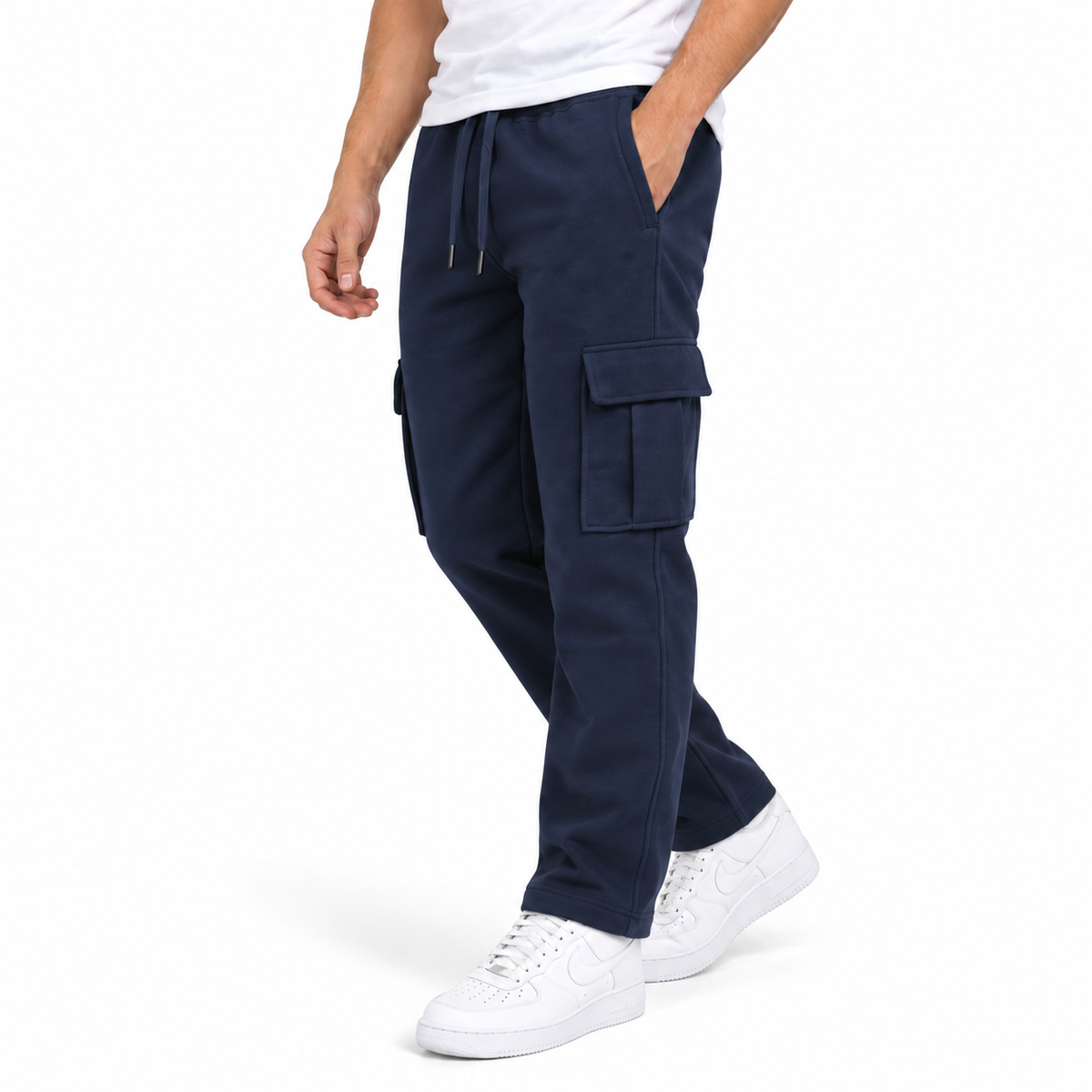 Men's Fleece Lined Cargo Open Bottom Sweatpants in Navy