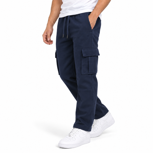 Men's Fleece Lined Cargo Open Bottom Sweatpants in Navy