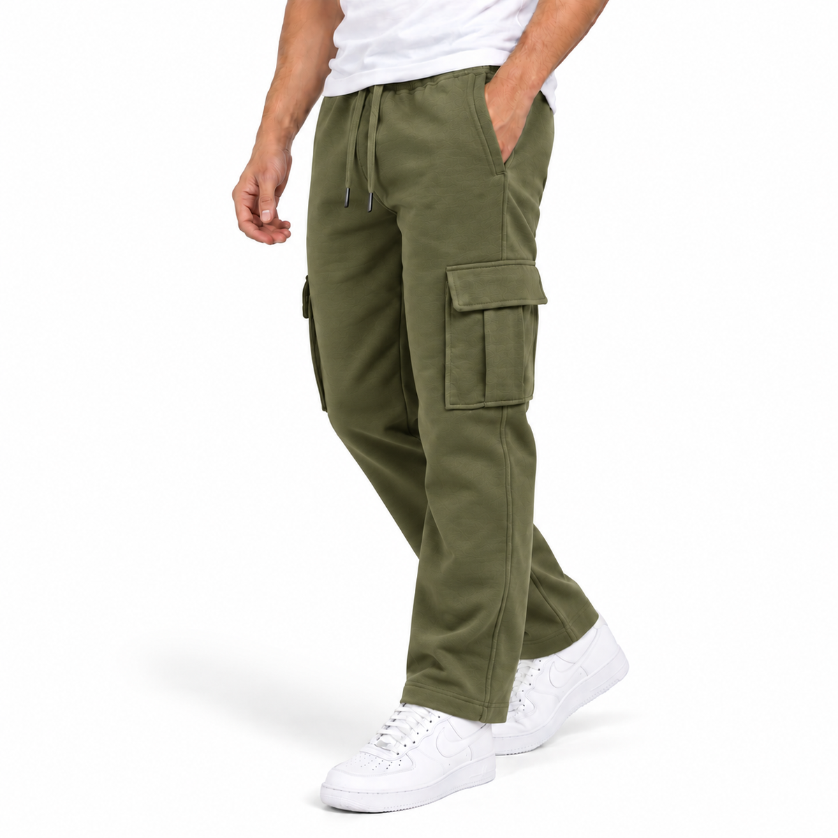 Men's Fleece Lined Cargo Open Bottom Sweatpants in Olive