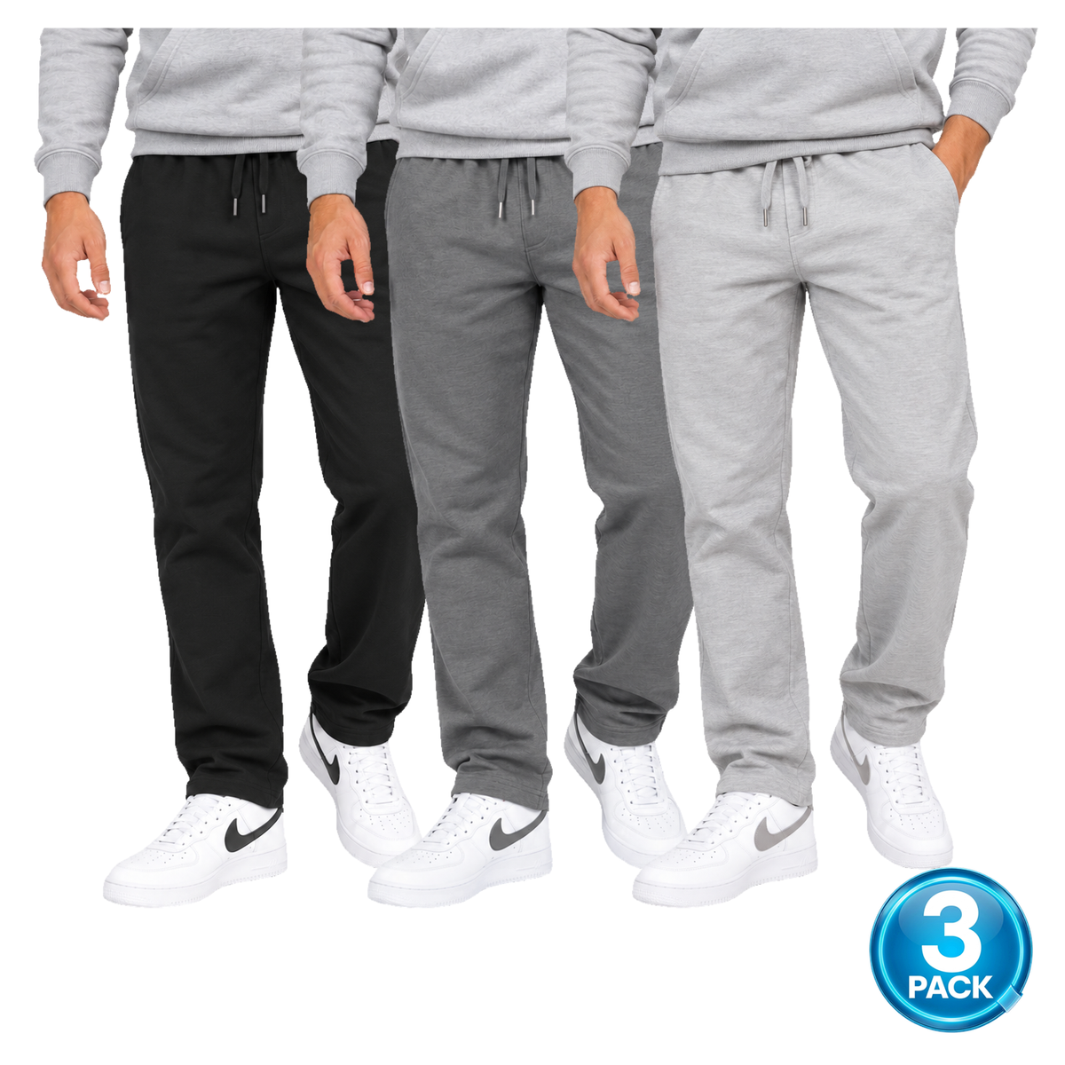 Men's 3 Pack Lightweight Open Bottom Sweatpants in Black, Dark Grey & Heather Grey