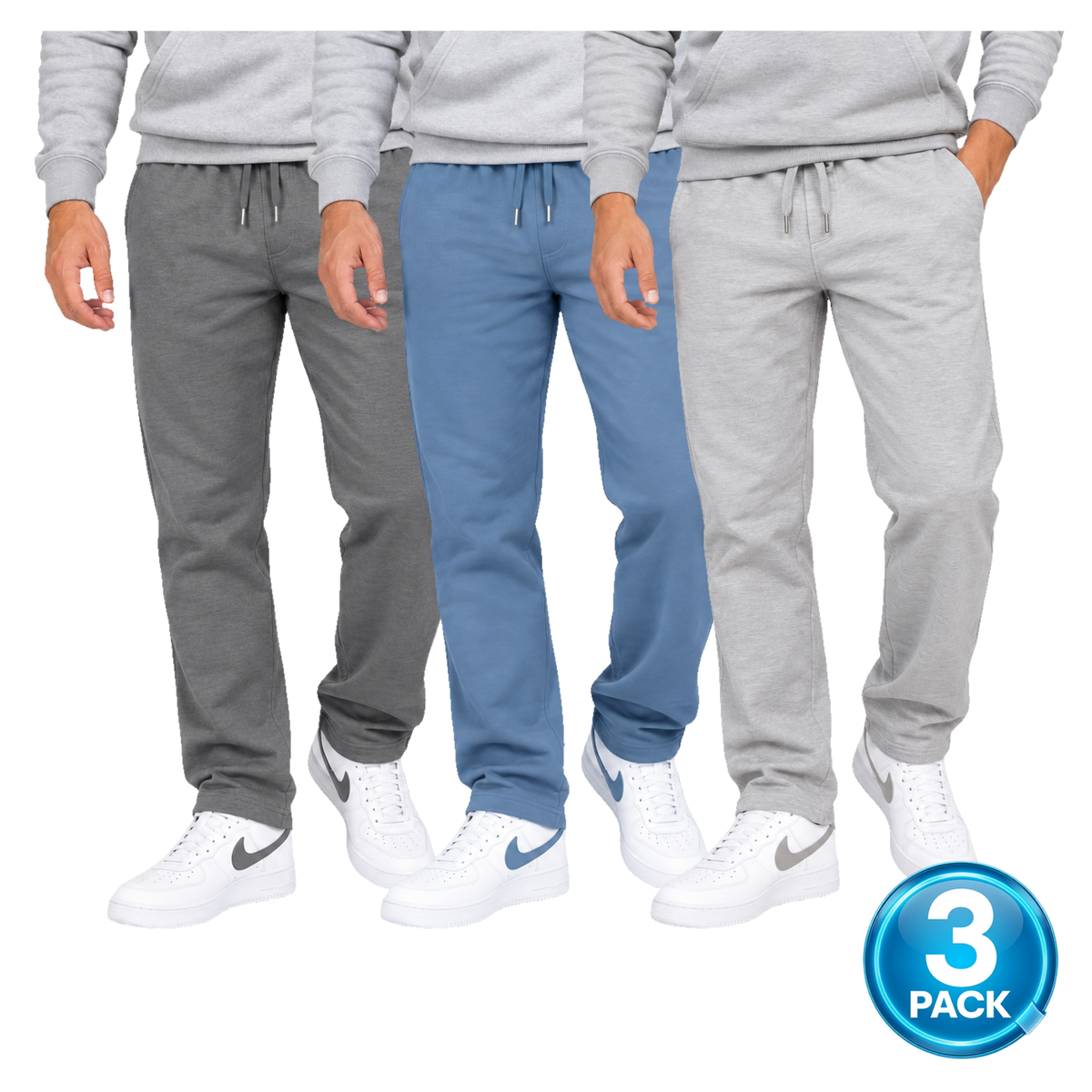 Men's 3 Pack Lightweight Open Bottom Sweatpants in Dark Grey, Sea Blue & Heather Grey