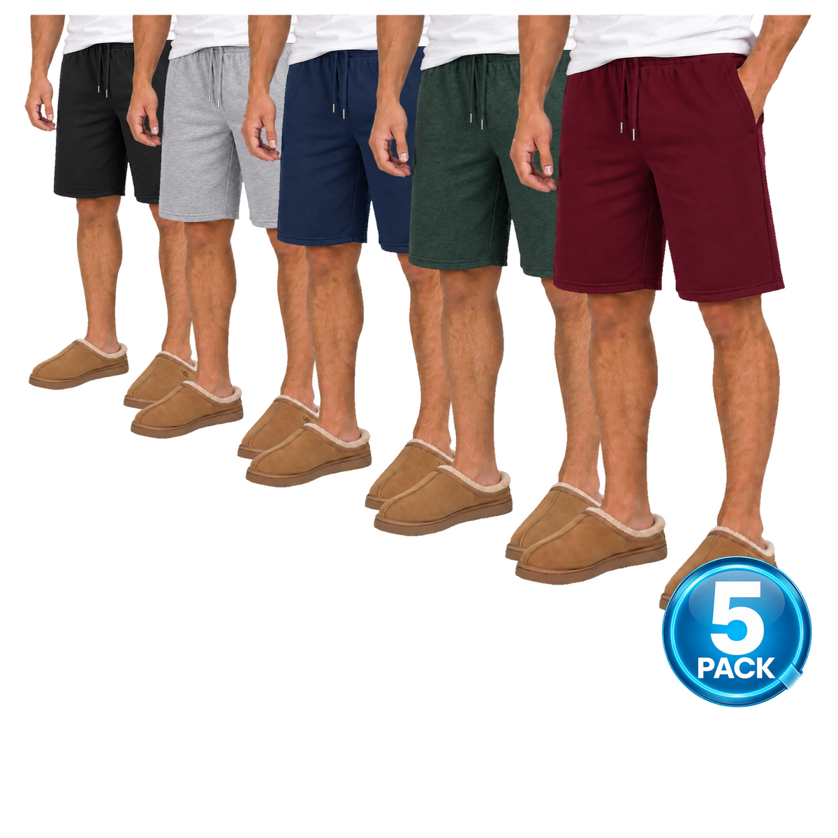 Men's 5-Pack Cotton Blend Lounge Shorts in Black, Heather Grey, Navy, Hunter & Burgundy