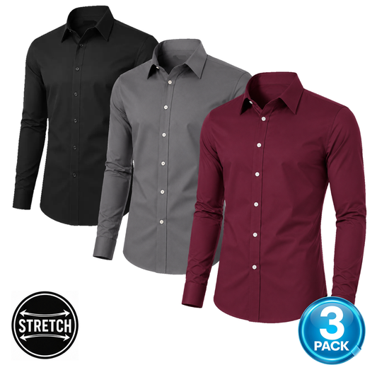 Men's 3-Pack Long Sleeve Stretch Dress Shirt in Black, Grey & Burgundy