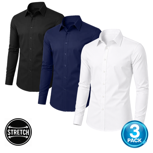 Men's 3-Pack Long Sleeve Stretch Dress Shirt in White, Black & Navy