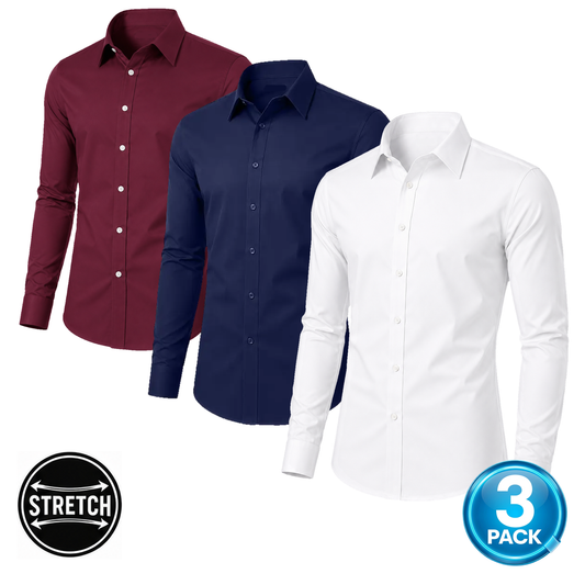Men's 3-Pack Long Sleeve Stretch Dress Shirt in White, Navy & Burgundy