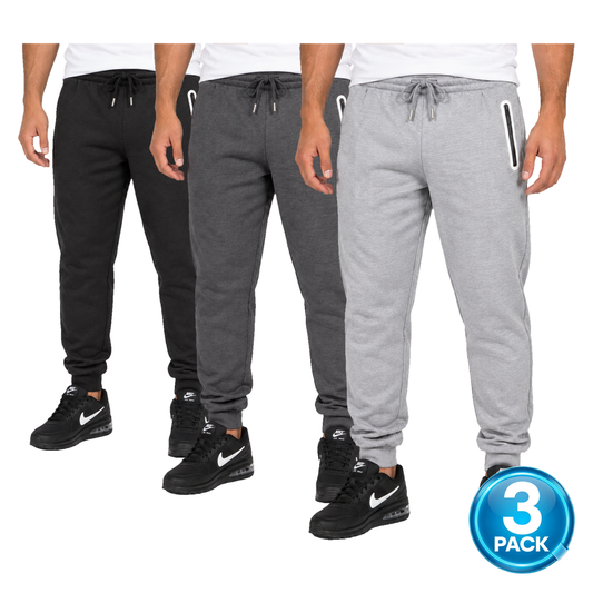 Men's 3 Pack Fleece-Lined Jogger With Heat Seal Zipper Side Pockets in Black, Charcoal & Heather Grey