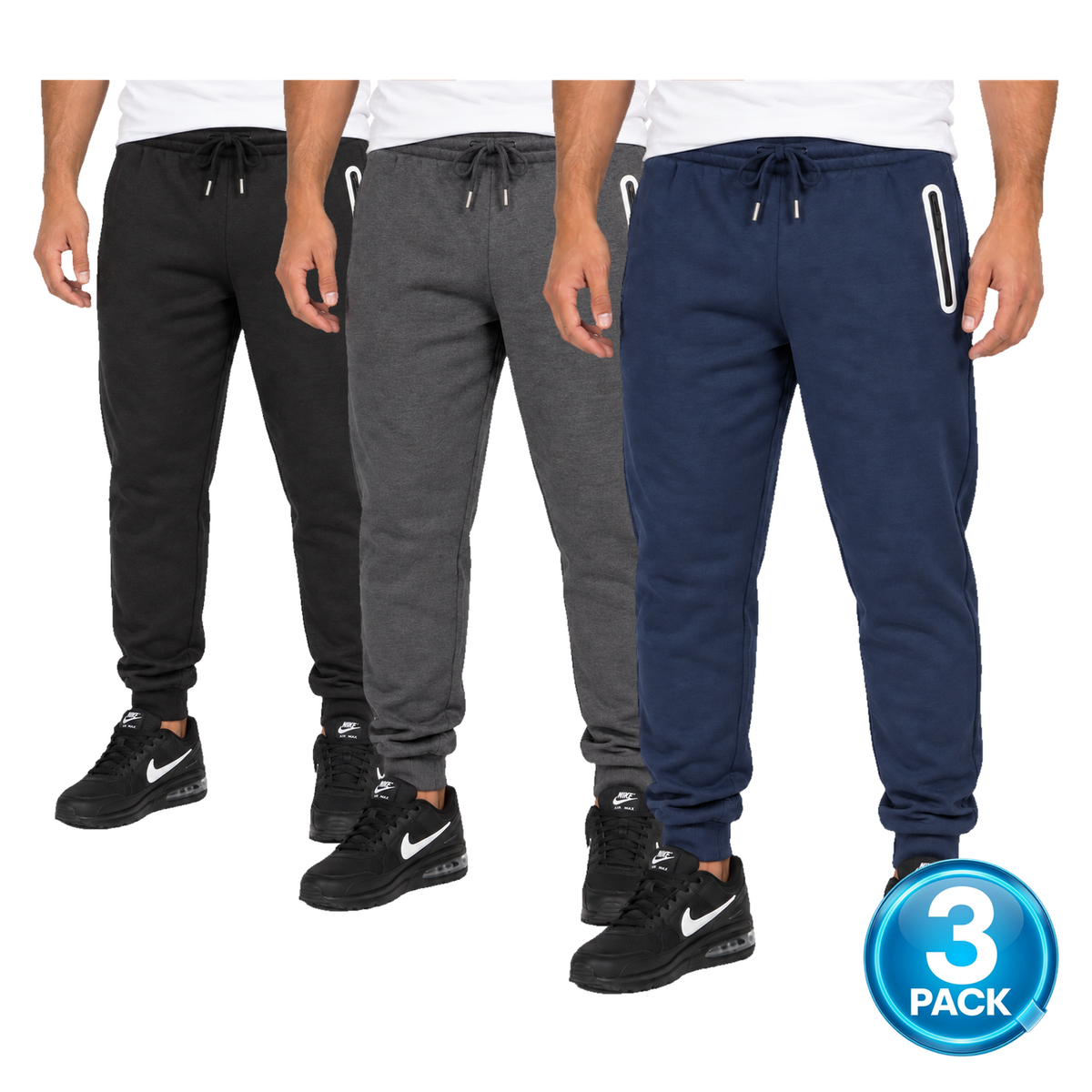 Men's 3 Pack Fleece-Lined Jogger With Heat Seal Zipper Side Pockets in Black, Charcoal & Navy