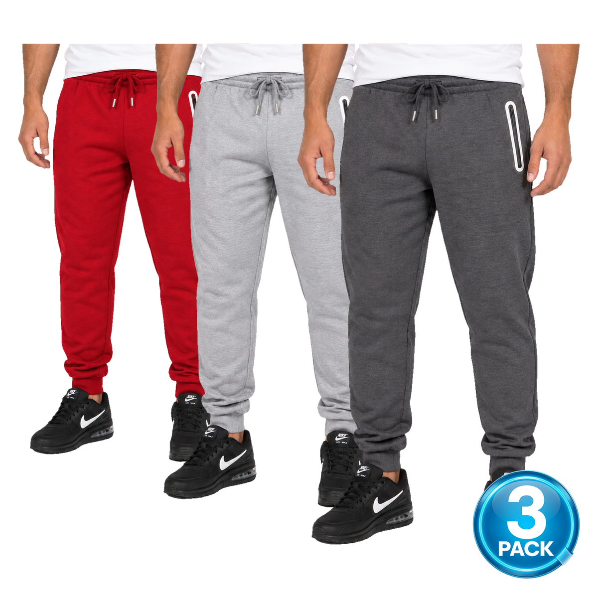 Men's 3 Pack Fleece-Lined Jogger With Heat Seal Zipper Side Pockets in Charcoal, Heather Grey & Red
