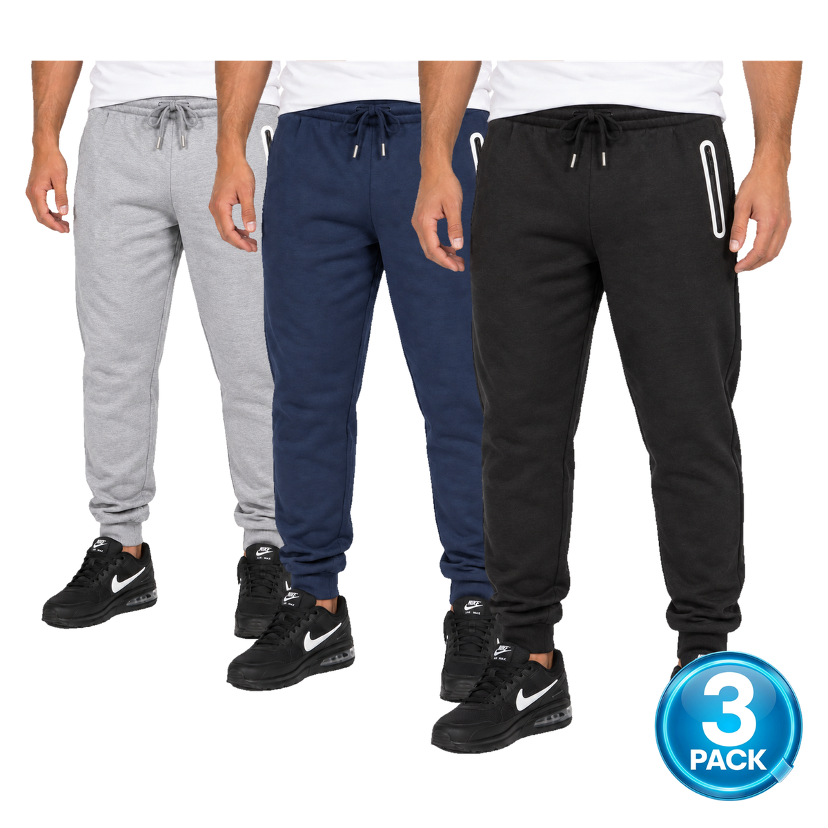 Men's 3 Pack Fleece-Lined Jogger With Heat Seal Zipper Side Pockets in Navy, Black & Heather Grey