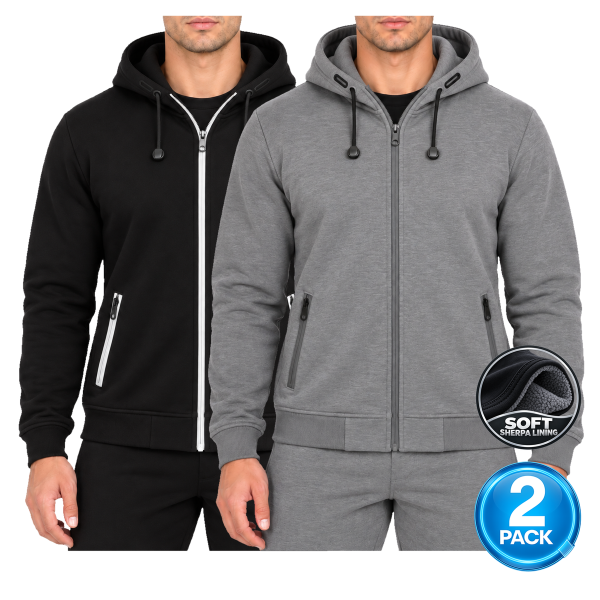 Men's 2-Pack Heavyweight Sherpa Fleece-Lined Zip Up Hoodie in Black & Heather Grey