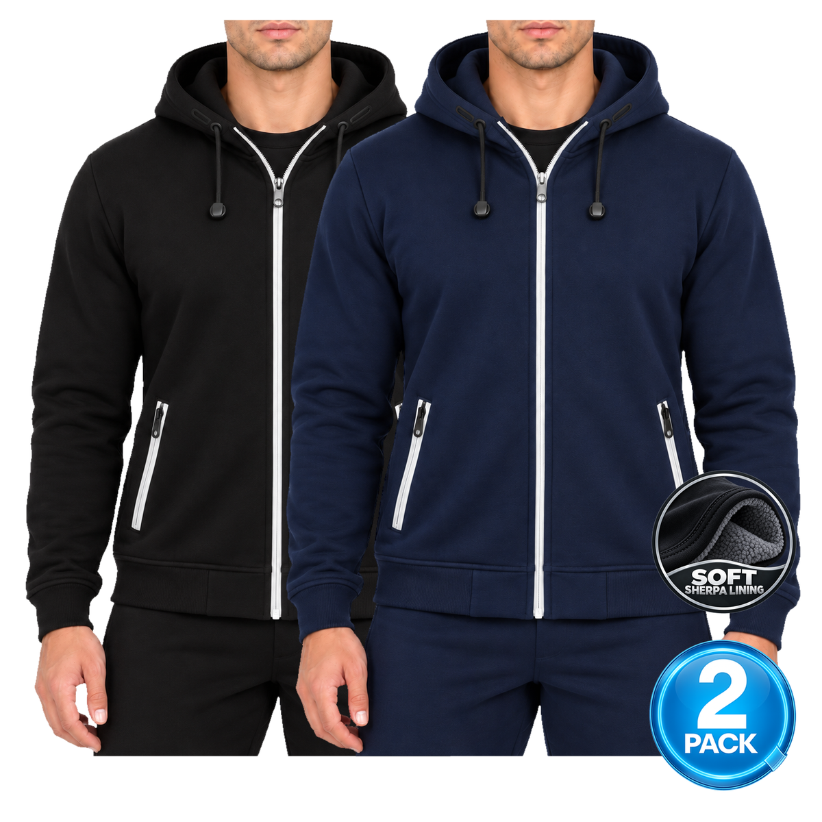 Men's 2-Pack Heavyweight Sherpa Fleece-Lined Zip Up Hoodie in Black & Navy