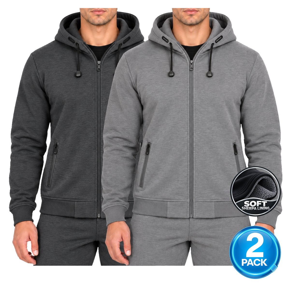Men's 2-Pack Heavyweight Sherpa Fleece-Lined Zip Up Hoodie in Charcoal & Heather Grey
