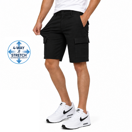 Men's Super Stretch Cargo Shorts with Zipper Pockets in Black