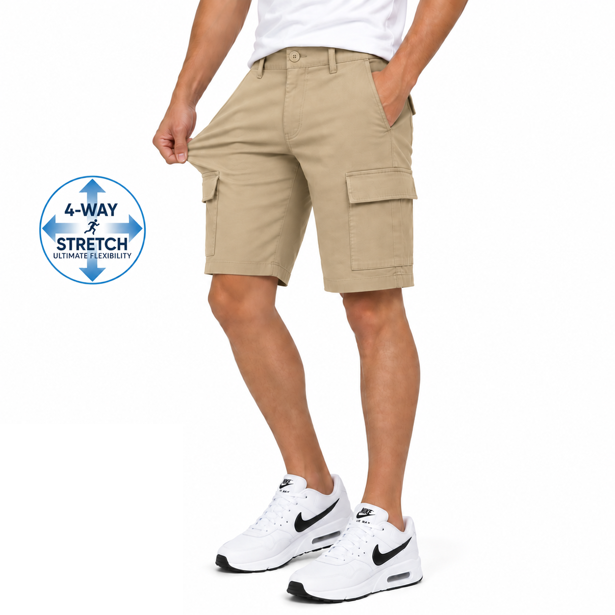 Men's Super Stretch Cargo Shorts with Zipper Pockets in Khaki