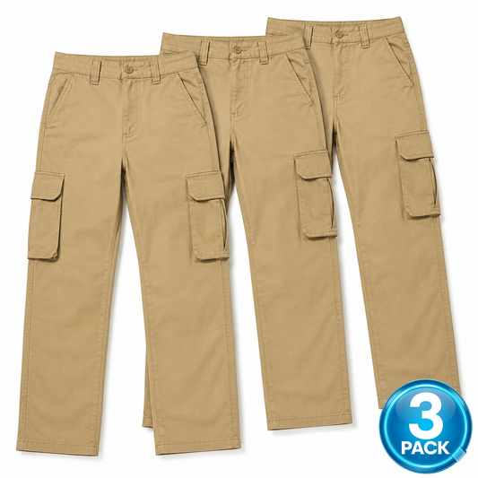 Young Men's 3-Pack Stretch Twill Cargo Pants in Khaki