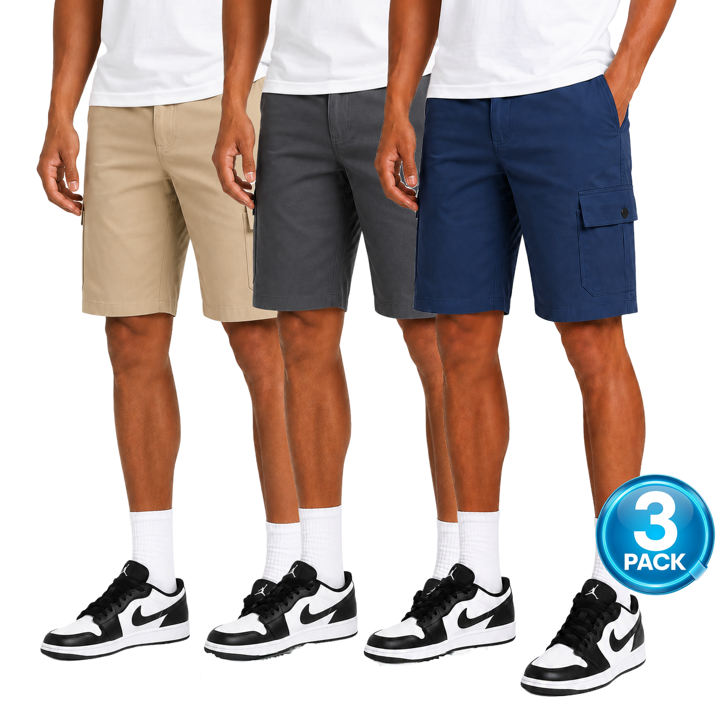 Men's 3-Pack Stretch Flex Cargo Shorts in Khaki / Charcoal / Blue