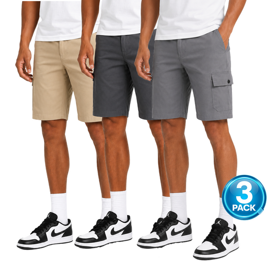 Men's 3-Pack Stretch Flex Cargo Shorts in Khaki / Charcoal / Light Grey