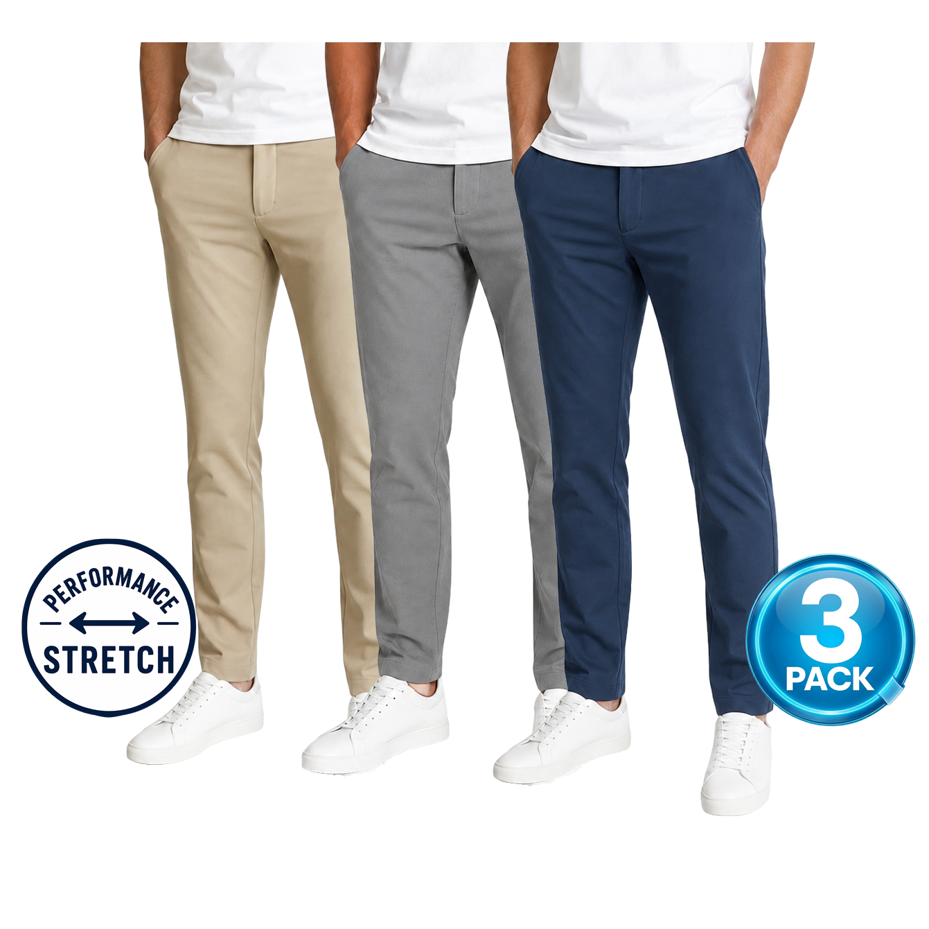 Young Men's 3-Pack Stretch Performance Fit Pants in Khaki / Grey / Navy