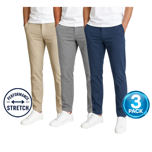 Young Men's 3-Pack Stretch Performance Fit Pants in Khaki / Grey / Navy