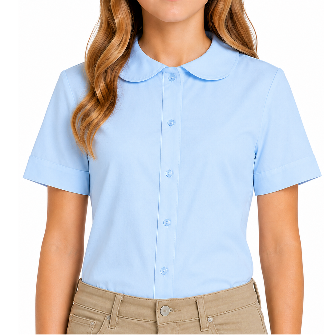 Girls Short Sleeve Button Down Peter Pan Blouse in Light Blue