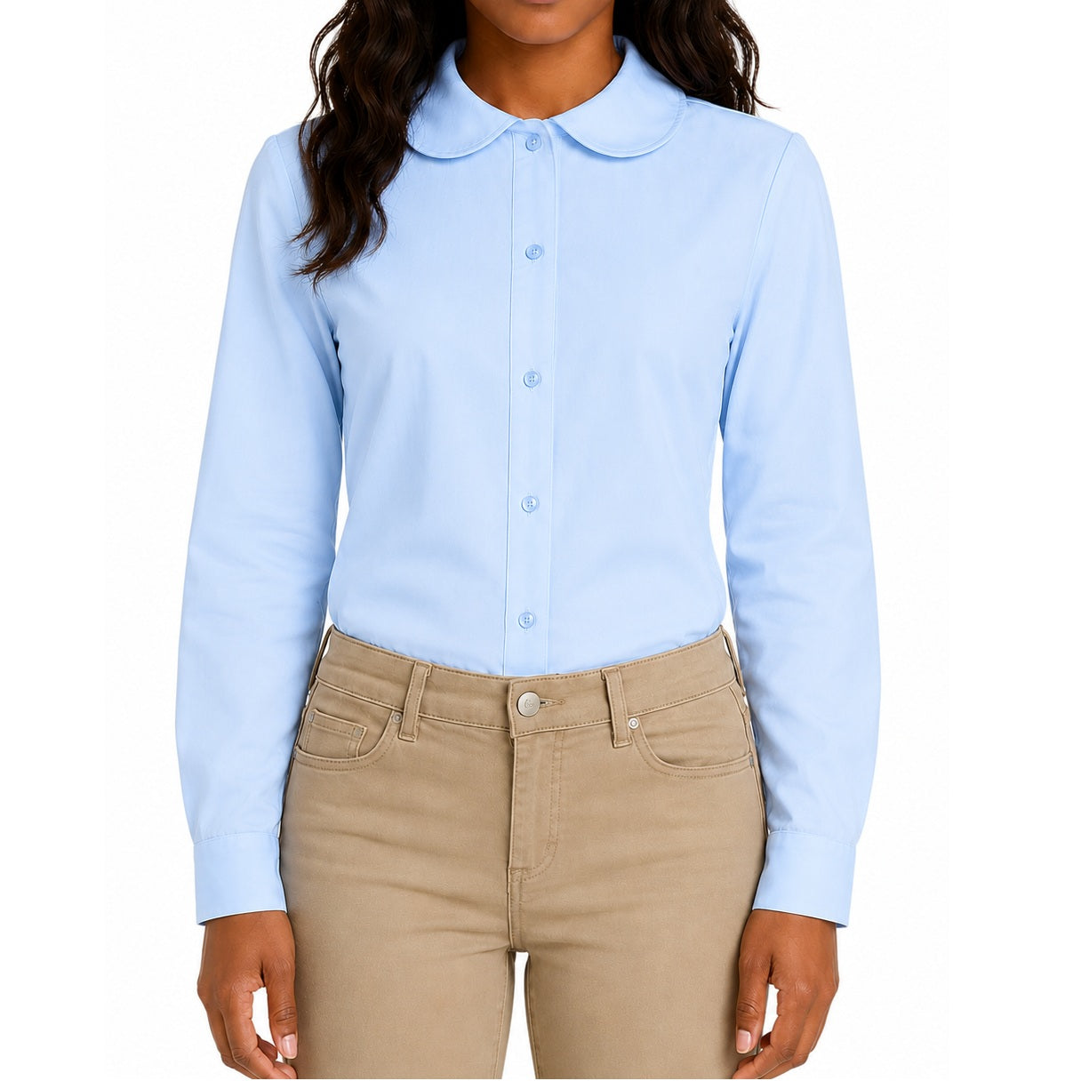 Girls Long Sleeve Button Down Peter Pan Blouse in Light Blue
