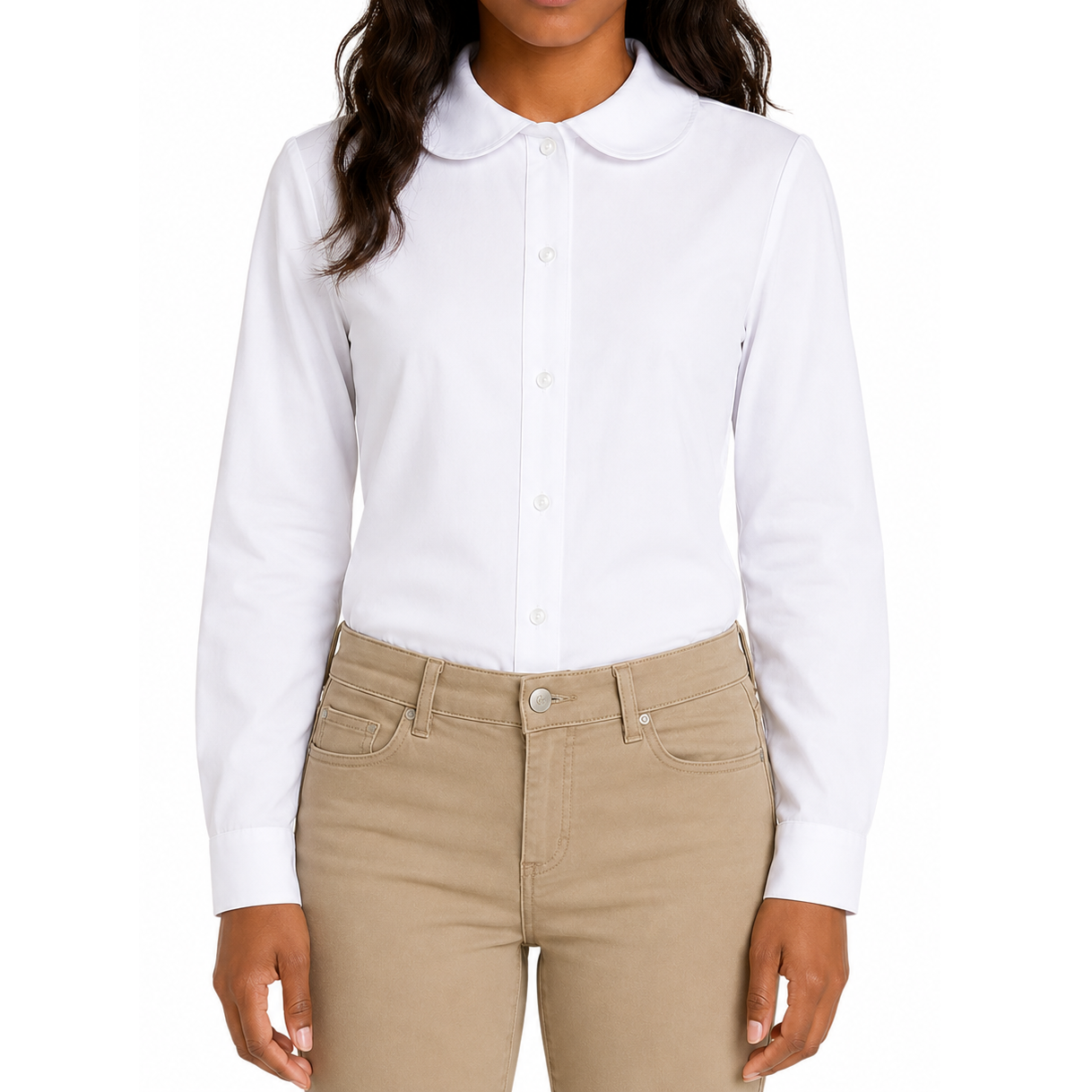 Girls Long Sleeve Button Down Peter Pan Blouse in White