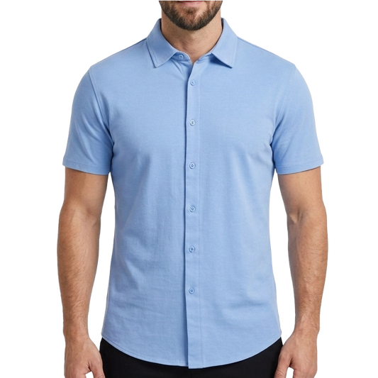 24 Pack Men's Short Sleeve Knit Button-Down Shirt in Light Blue