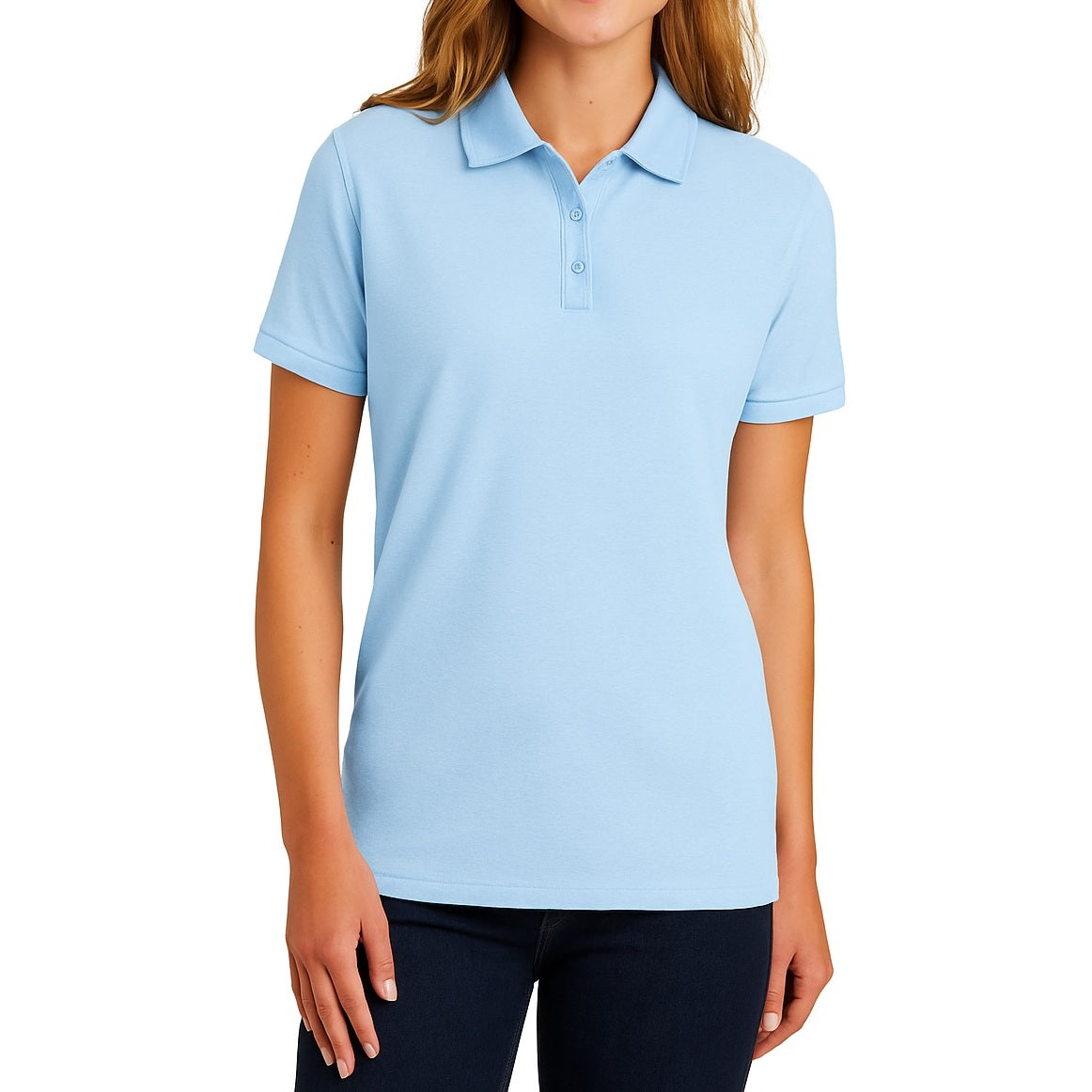 Young Women's Short Sleeve Jersey Knit School Polo Shirt in Light Blue