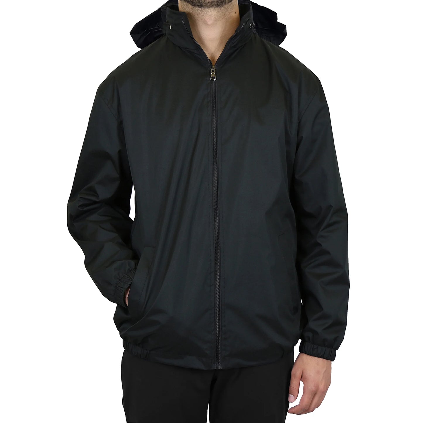 Wholesale Men's Lightweight Jacket with Tuck-In Hood in Black