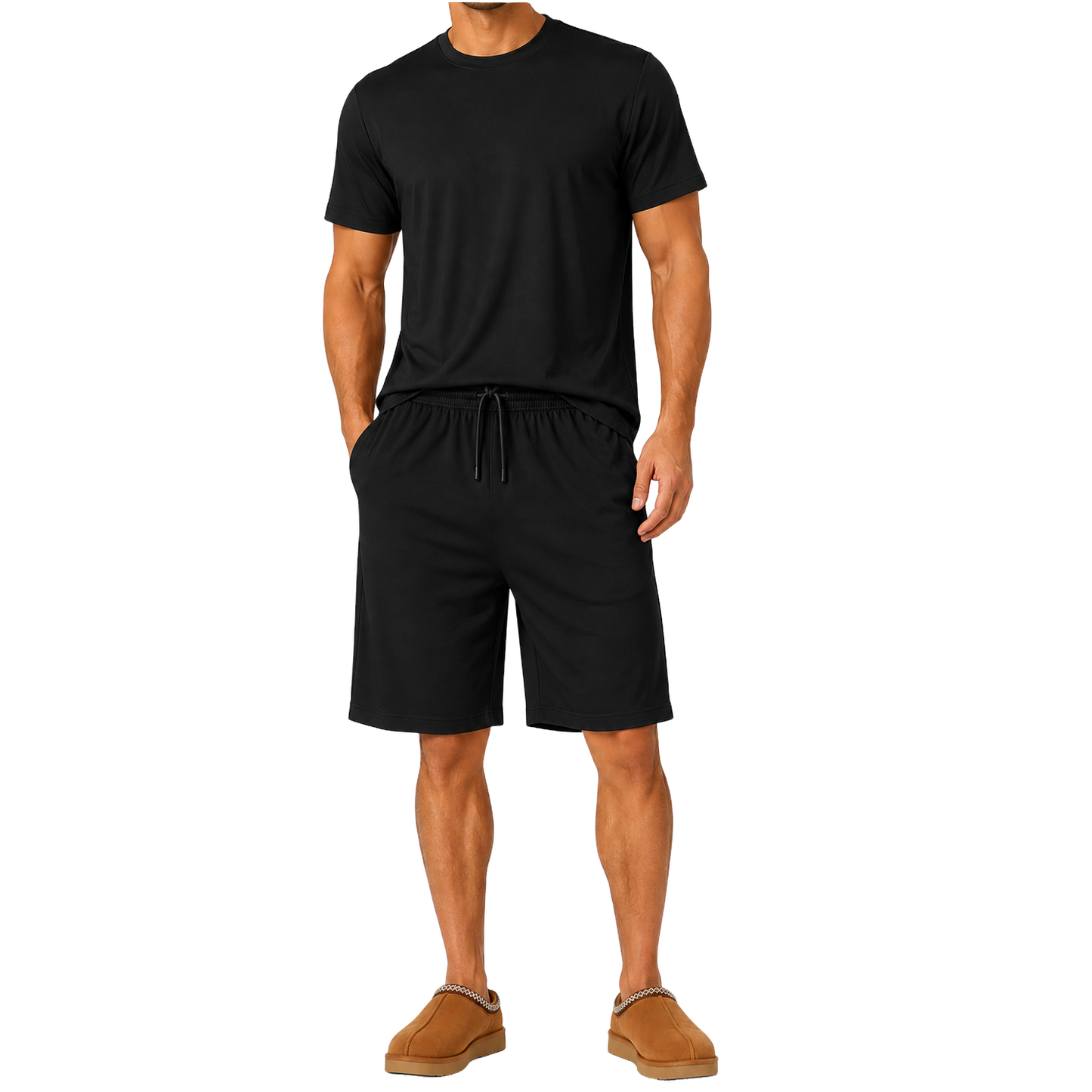 Men's Classic Poly Tech Short Sleeve Crew Neck Tees & Lounge Shorts Set in Black
