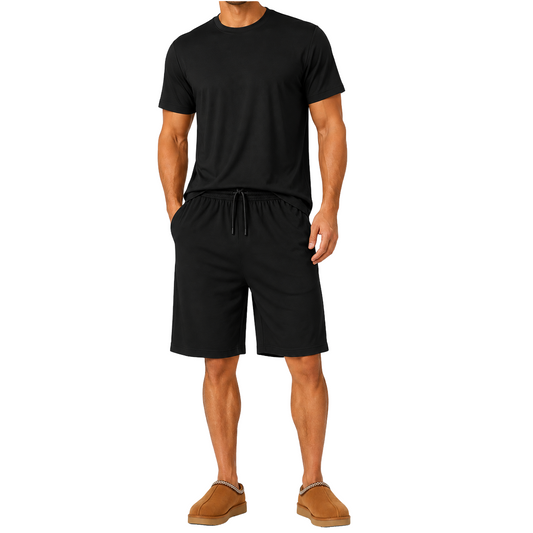 Men's Classic Poly Tech Short Sleeve Crew Neck Tees & Lounge Shorts Set in Black