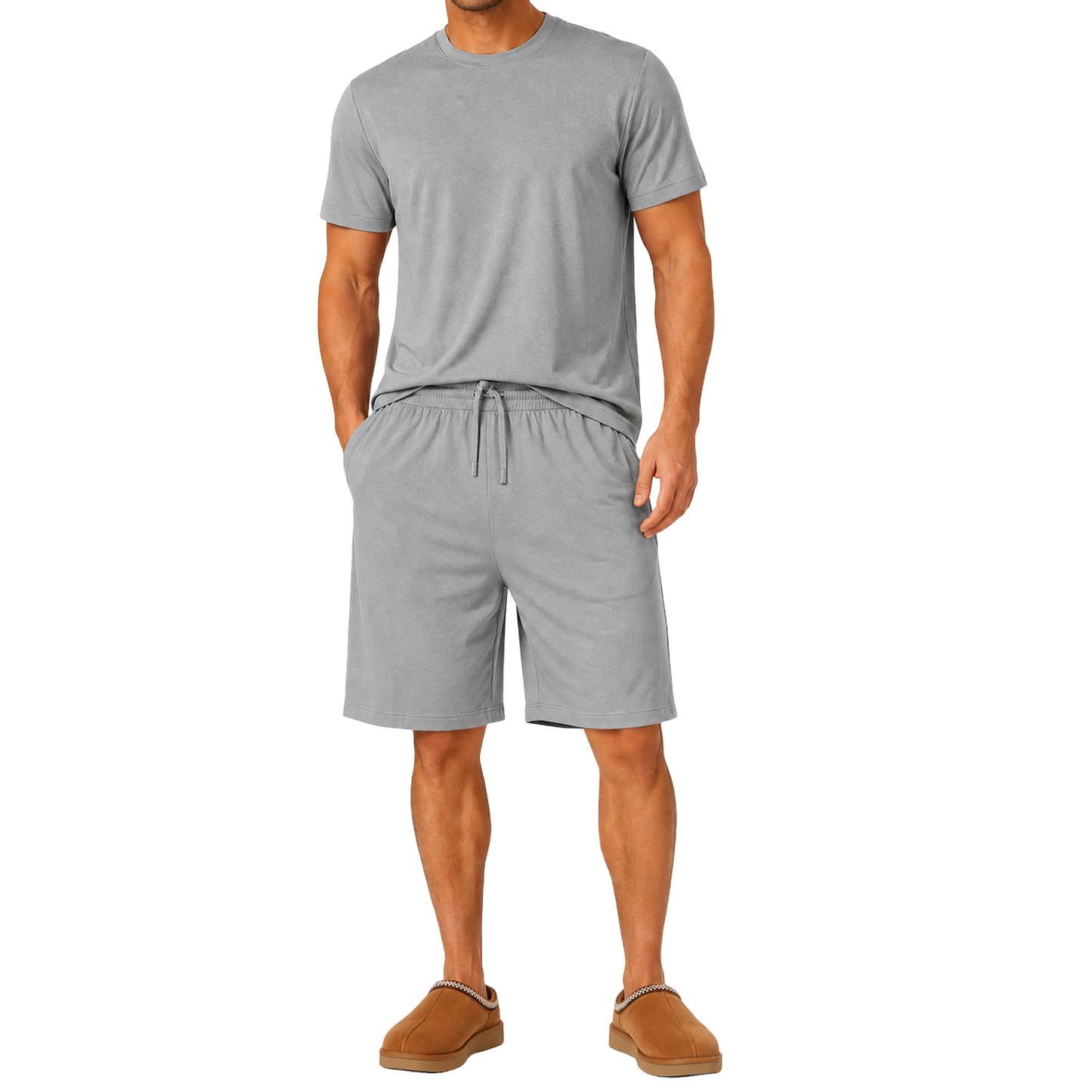 Men's Classic Poly Tech Short Sleeve Crew Neck Tees & Lounge Shorts Set in Grey