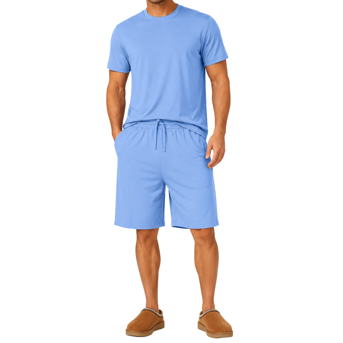 Men's Classic Poly Tech Short Sleeve Crew Neck Tees & Lounge Shorts Set in Light Blue