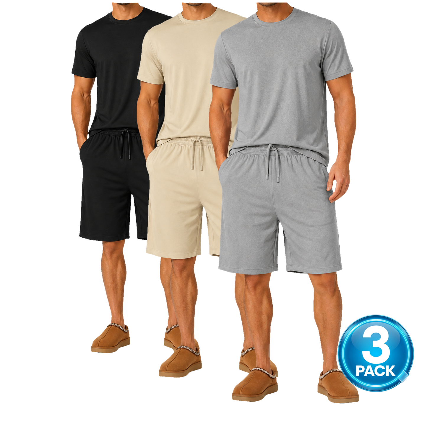 Men's 3-Pack Classic Tees & Lounge Shorts Set in Black, Khaki & Grey