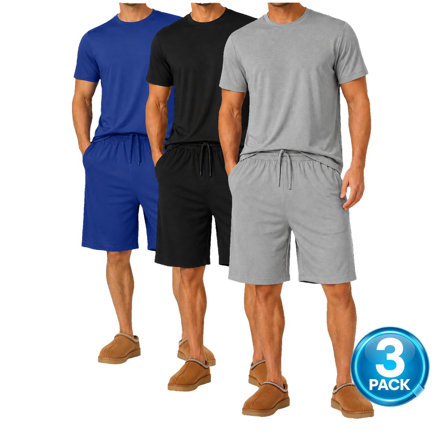 Men's 3-Pack Classic Tees & Lounge Shorts Set in Royal Blue, Black & Grey
