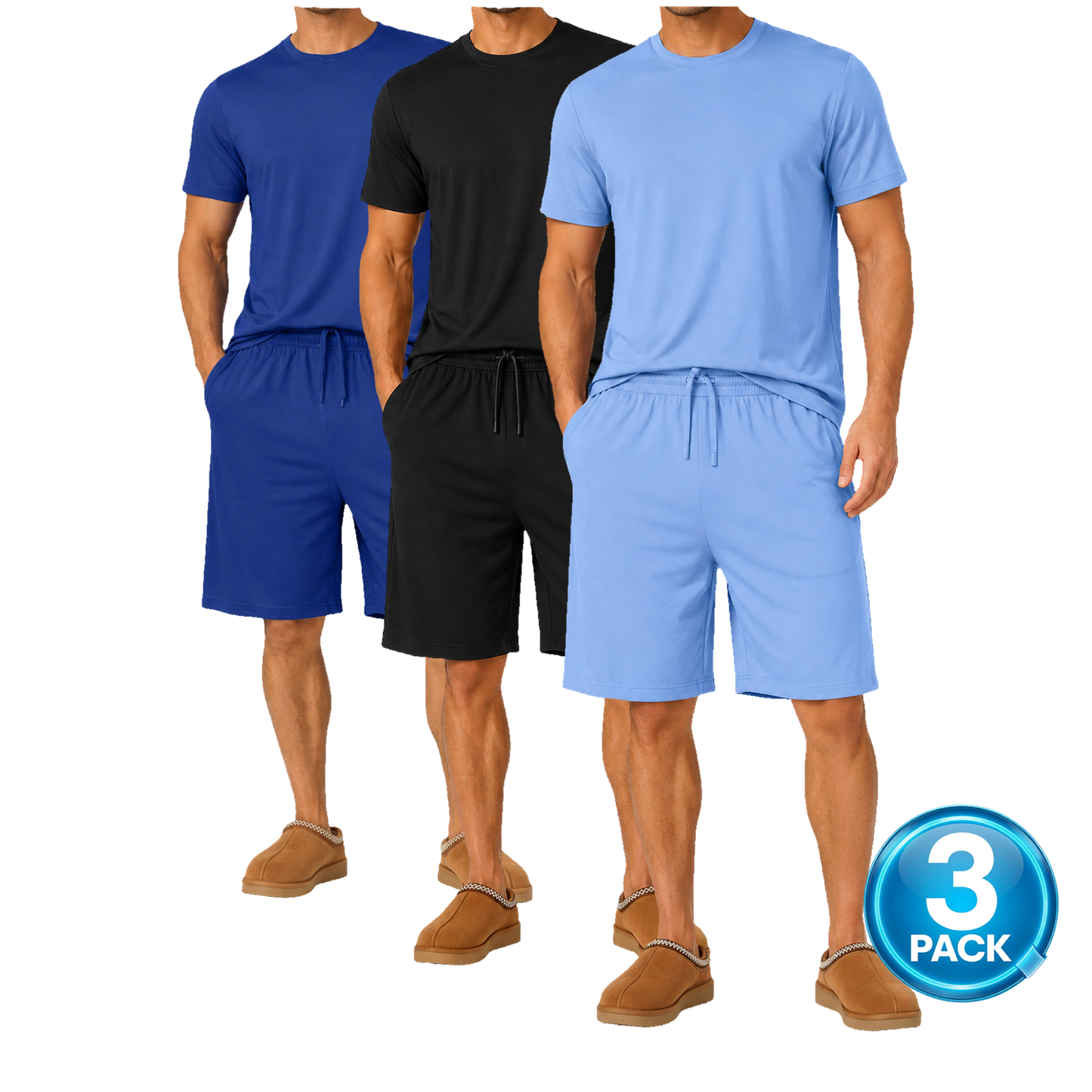 Men's 3-Pack Classic Tees & Lounge Shorts Set in Royal Blue, Black & Light Blue
