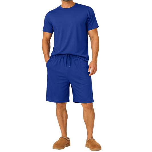 Men's Classic Poly Tech Short Sleeve Crew Neck Tees & Lounge Shorts Set in Royal Blue