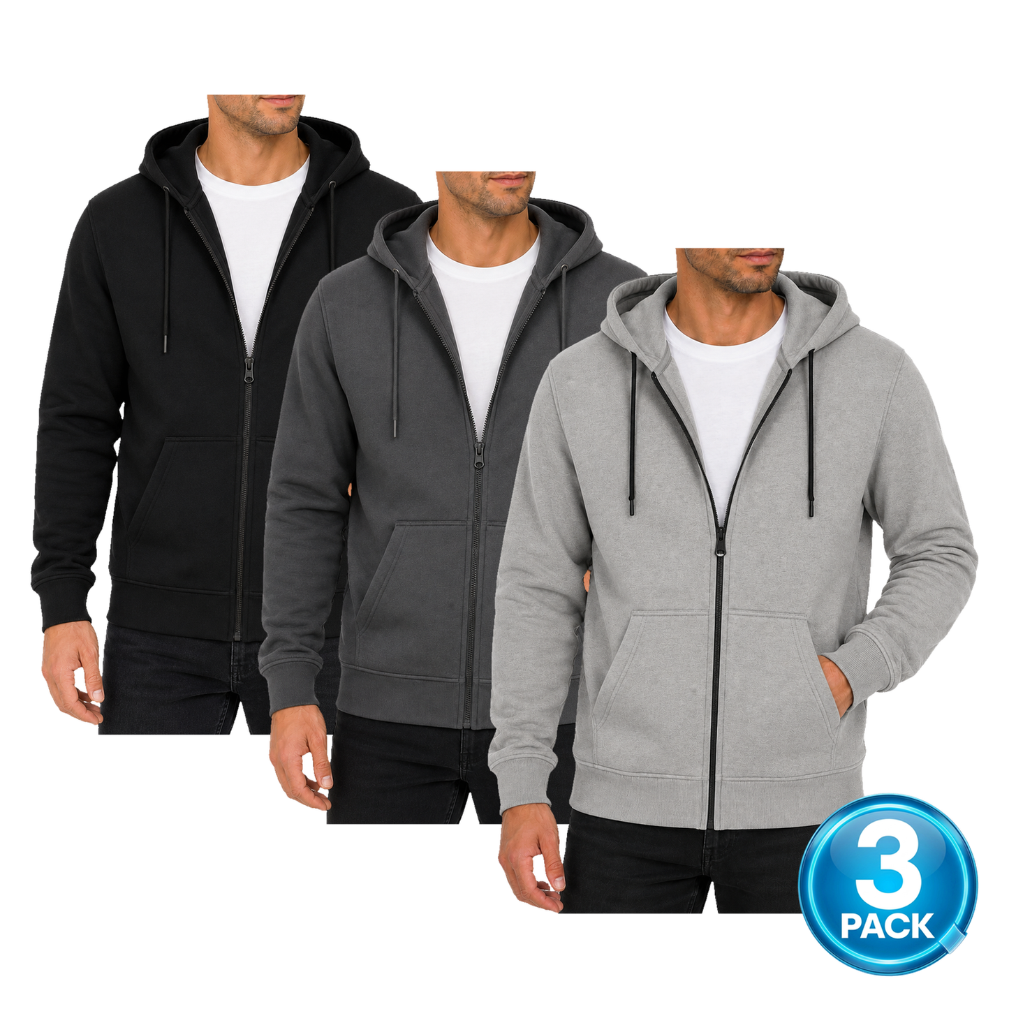 Men's 3-Pack Fleece-Lined Premium Full Zip Hoodie in Black, Charcoal & Heather Grey