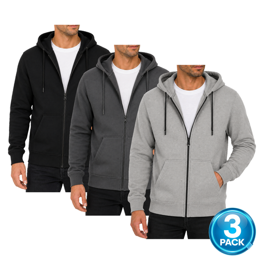 Men's 3-Pack Fleece-Lined Premium Full Zip Hoodie in Black, Charcoal & Heather Grey